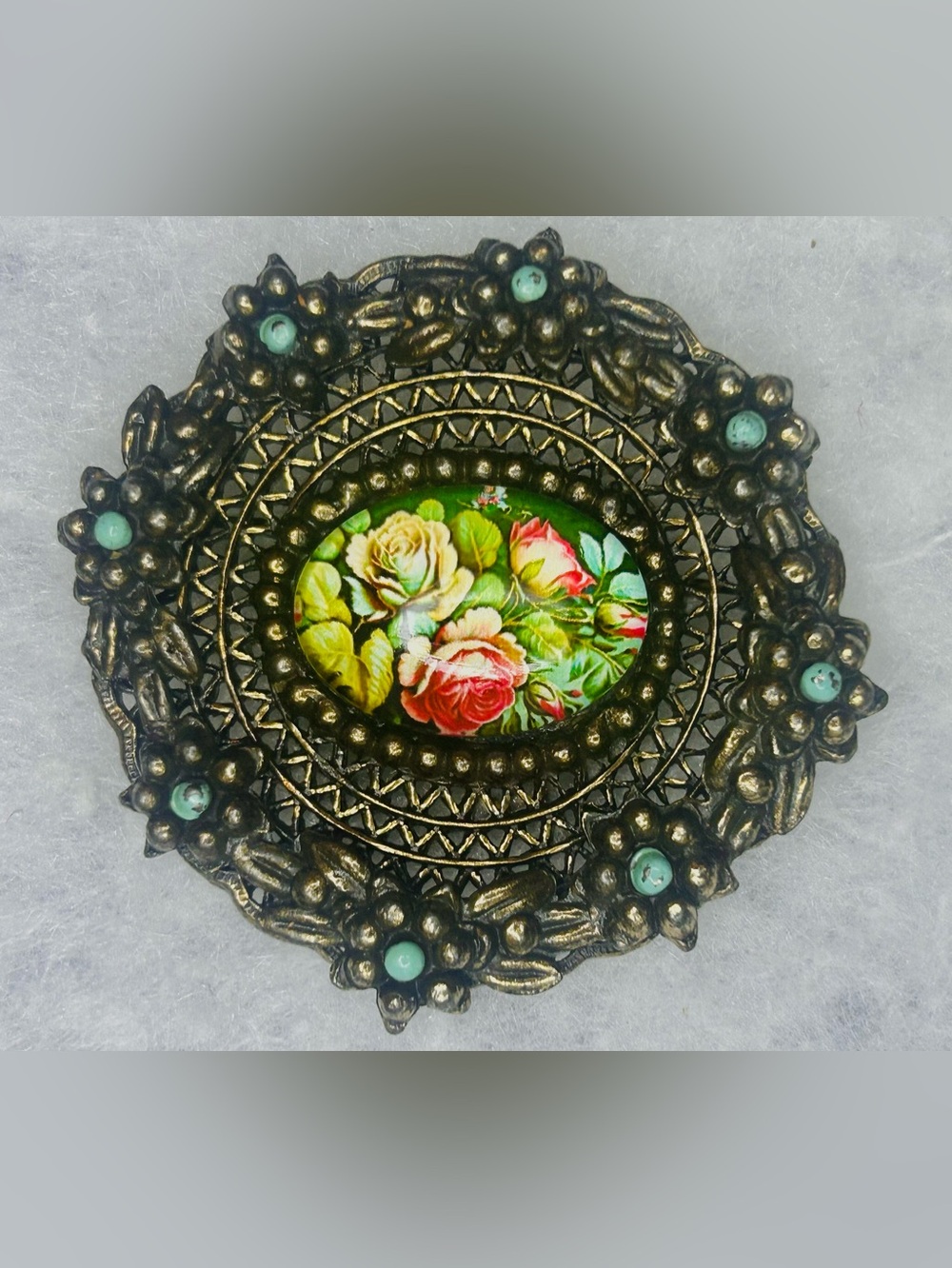 Vintage Floral Filigree Brooch with Hand-Painted Style Cabochon (c. 1968–1973)